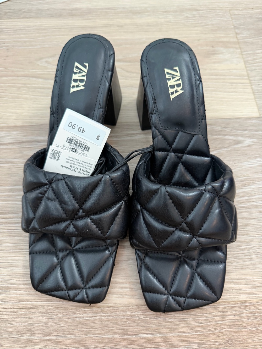 NWT Zara Black Quilted Block Heel Slide Sandals kitten heel
